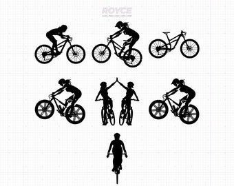 Puede incluir: Siluetas de personas montando bicicletas de montaña. Hay cinco bicicletas en total, cuatro de ellas con ciclistas. Los ciclistas son todas mujeres y llevan cascos. Las bicicletas son todas negras y tienen un diseño similar. Las bicicletas están sobre un fondo blanco con un patrón de cuadrícula.
