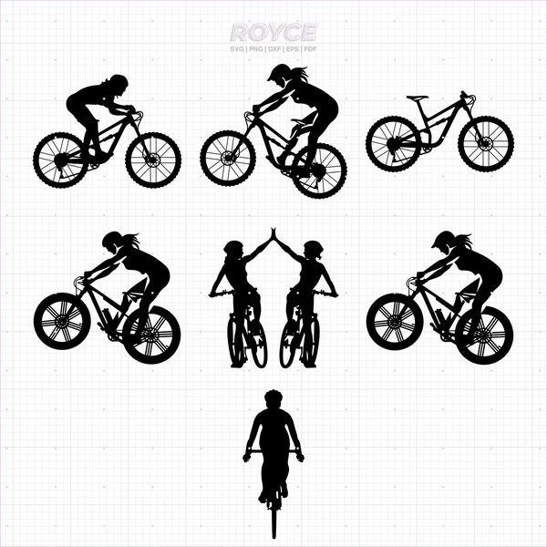 female riding a mountain bike svg, bicycle clipart, mountain bike png, dxf logo, vector eps cut files for cricut and silhouette use