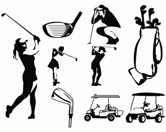 giocatore di golf femminile in formato SVG, clipart sacca da golf, testa di mazza da golf png, golf in formato SVG, donna golfista dxf, ragazza golfista in formato SVG, carrello da golf in formato SVG, clipart carrello da golf