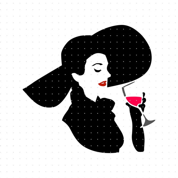 lady wearing a large hat drinking wine from a long stem glass svg, clipart, png, dxf logo, vector eps cut file for cricut and silhouette use