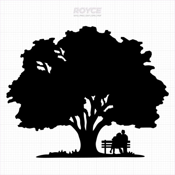 a couple sitting on a bench under an oak tree svg, couple on a bench clipart, png, dxf, vector, eps, svg cut files for cricut