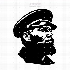 May include: Black and white silhouette of a man with a beard wearing a military style cap. The man is looking to the right.