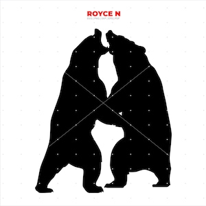 May include: Silhouette of two black bears facing each other, with one bear standing on its hind legs and the other bear standing on all fours. The bears are facing each other in a confrontational pose.