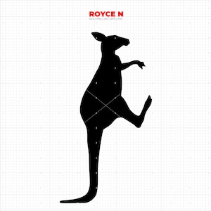 May include: A black silhouette of a kangaroo in a leaping pose, set against a white grid background. The kangaroo is depicted with its tail extended and one leg raised. The text "ROYCE N" is in red at the top.