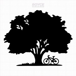 May include: Black silhouette of a large tree with a bicycle parked under it.