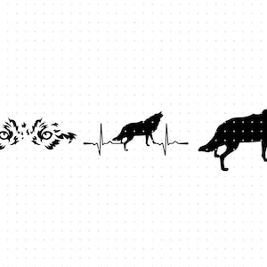May include: Black silhouette of a wolf howling with a heartbeat line and two wolf eyes below.