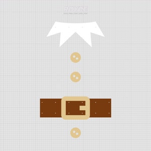 May include: A flat illustration of a festive outfit, featuring a white collar, three tan buttons, and a brown belt with a tan buckle. The design is set against a light gray grid background, with the name "ROYCE" at the top.