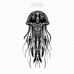 May include: Black and white illustration of a jellyfish with intricate patterns and feathers. The jellyfish has a bell-shaped head with a geometric design and long, flowing tentacles.