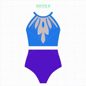 Puede incluir: Un diseño de traje de baño de dos piezas con top halter y braguita de cintura alta. La parte superior es azul vibrante con un patrón floral gris decorativo. La parte inferior es de color púrpura oscuro. El texto "ROYCE N" está en la parte superior.