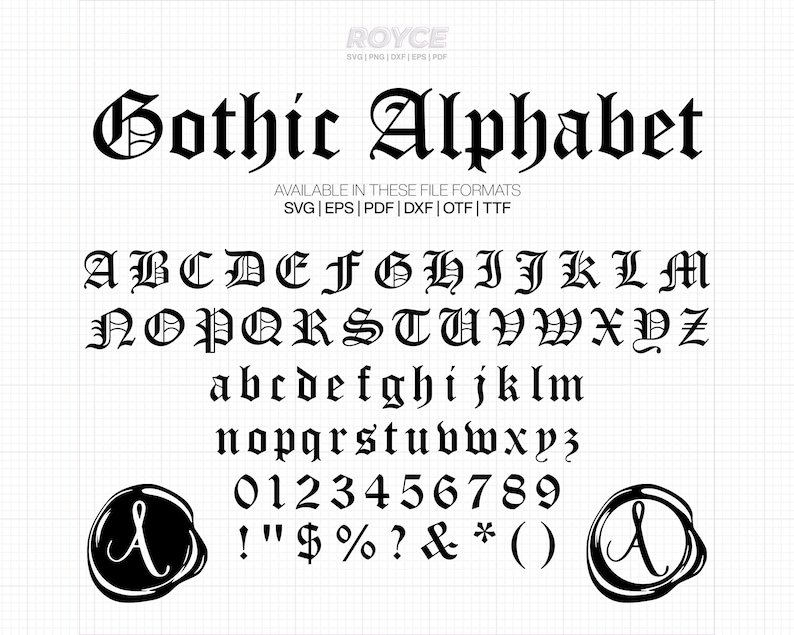 gothic alphabet svg, old english font svg, blackletter svg, gothic script svg, wax seal svg, clipart, png, dxf, vector eps cut files cricut image 1