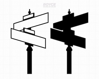 Puede incluir: Una ilustración en blanco y negro de un poste de señalización de dos caras con dos flechas direccionales. El poste de señalización está en un poste con una parte superior decorativa.