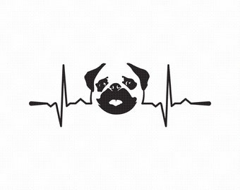 pug heartbeat svg, cute pug face clipart, dog png, dxf for logo, vector eps cut files for cricut and silhouette use
