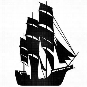 May include: Black silhouette of a tall ship with multiple sails. The ship has a large hull and a pointed bow.