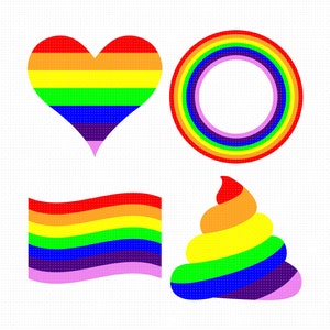 Puede incluir: Cuatro diseños de colores arcoíris: un corazón, un círculo, una bandera ondulada y un emoji de caca.