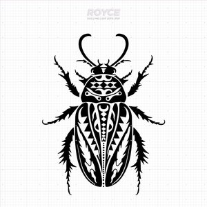 May include: Black and white graphic of a beetle with intricate tribal patterns. The insect has large, curved antennae and detailed leg structures. The design is symmetrical and stylized, with the word "ROYCE" at the top.