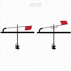 May include: Two black boat flag poles with red flags. The flags are attached to the poles with a rope and pulley system. The flags are in different positions, one is horizontal and the other is angled.
