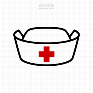 Könnte beinhalten: Eine schwarz-weiße Umrisszeichnung einer Krankenschwestermütze mit einem roten Kreuz in der Mitte.