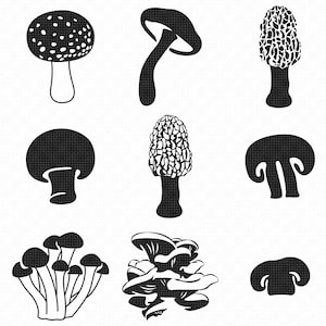 May include: A collection of nine black and white mushroom illustrations. The mushrooms are in various shapes and sizes, including a mushroom with white spots, a morel mushroom, and a cluster of mushrooms.
