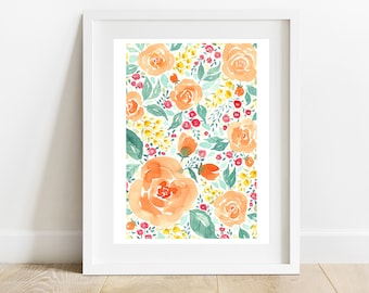 Watercolour Printable, Rose Pattern, Loose Florals, Abstract Flowers, Apricot Peach Roses, Living Room Decor, Nursery Art, Digital Download