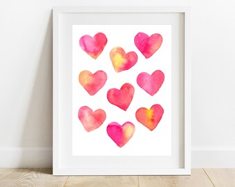 Watercolor Printable, Heart Poster, Contemporary Art , Valentines Home Decor, Modern Decor, Living Room Print, Digital Download