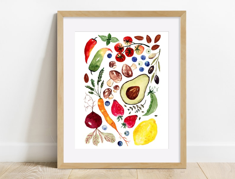 Watercolor Printable, Fruit Vegetable Poster, Bright Rainbow Food Art, Cook Garden, Colorful Home Decor, Kitchen Decor, Digital Download image 2