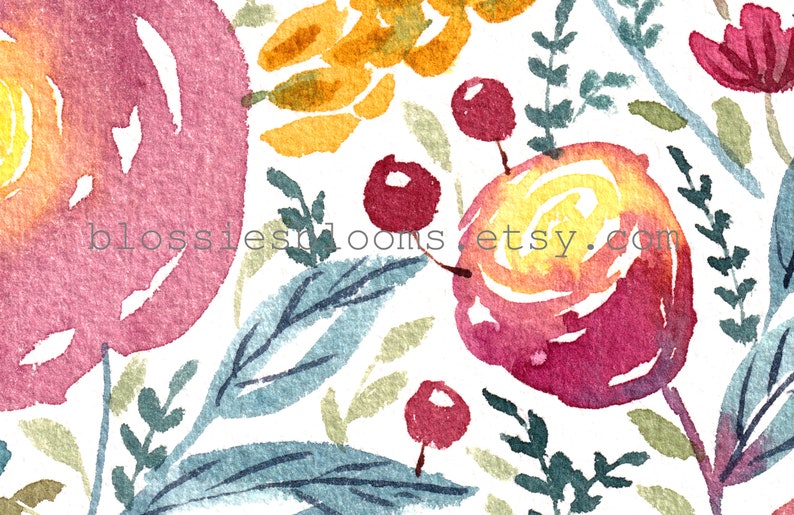 Watercolour Printable, Colorful Flower Pattern, Loose Florals, Purple Roses, Wall Print, Living Room Decor, Nursery Art, Digital Download image 6