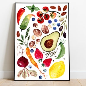 Watercolor Printable, Fruit Vegetable Poster, Bright Rainbow Food Art, Cook Garden, Colorful Home Decor, Kitchen Decor, Digital Download image 4