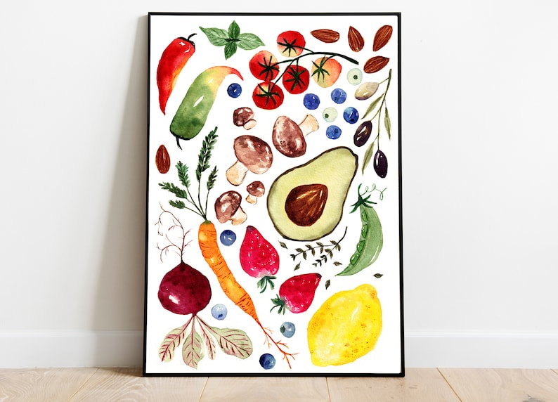 Watercolor Printable, Fruit Vegetable Poster, Bright Rainbow Food Art, Cook Garden, Colorful Home Decor, Kitchen Decor, Digital Download image 4