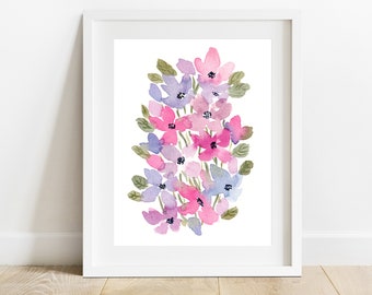 Watercolour Printable, Wildflower Bunch, Loose Florals, Purple and Pink, Flower Poster, Wall Art Print, Living Room Decor, Digital Download