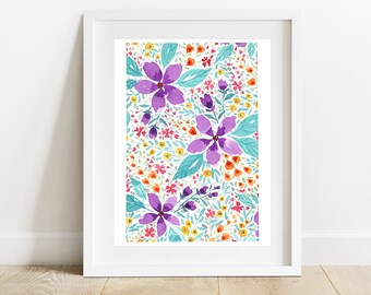 Watercolour Printable, Vintage-Style Flower Pattern, Loose Abstract Florals, Purple, Living Room Decor, Nursery Art, Digital Download