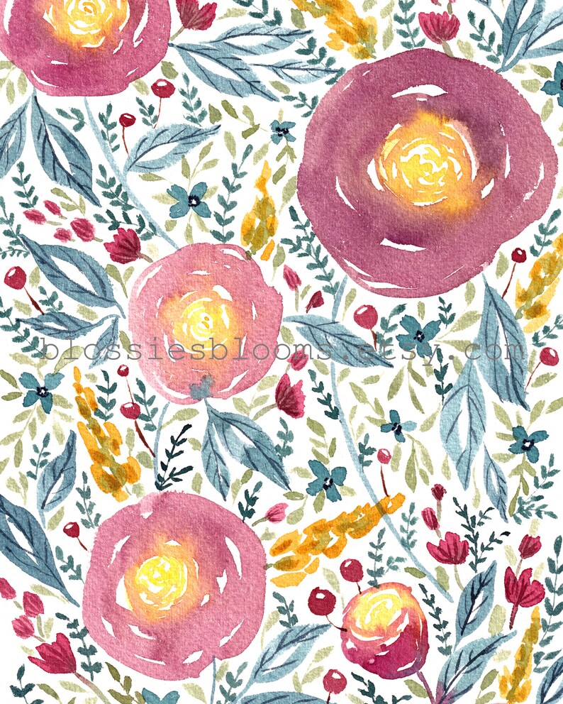 Watercolour Printable, Colorful Flower Pattern, Loose Florals, Purple Roses, Wall Print, Living Room Decor, Nursery Art, Digital Download image 5