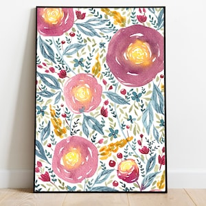 Watercolour Printable, Colorful Flower Pattern, Loose Florals, Purple Roses, Wall Print, Living Room Decor, Nursery Art, Digital Download image 1