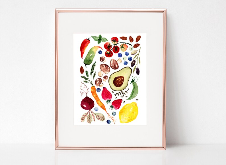 Watercolor Printable, Fruit Vegetable Poster, Bright Rainbow Food Art, Cook Garden, Colorful Home Decor, Kitchen Decor, Digital Download image 3