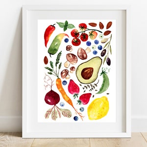 Watercolor Printable, Fruit Vegetable Poster, Bright Rainbow Food Art, Cook Garden, Colorful Home Decor, Kitchen Decor, Digital Download image 1