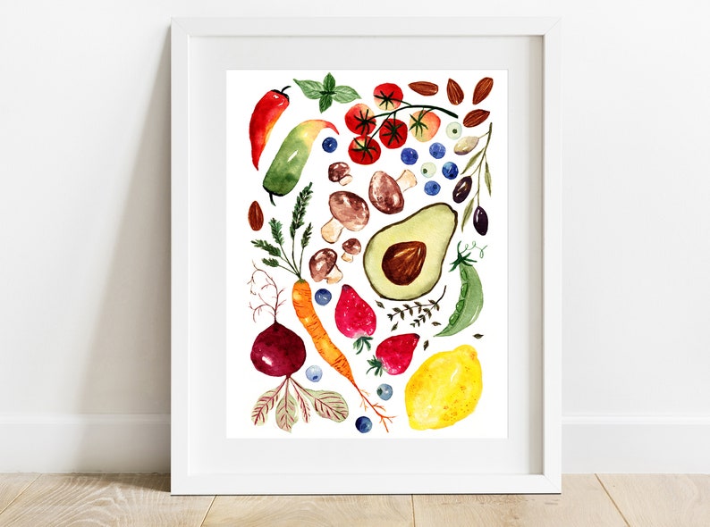 Watercolor Printable, Fruit Vegetable Poster, Bright Rainbow Food Art, Cook Garden, Colorful Home Decor, Kitchen Decor, Digital Download image 1