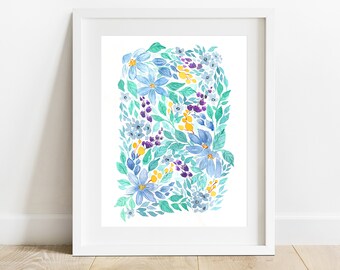 Watercolour Printable, Spring Art, Abstract Loose Florals, Colorful Flower Poster, Blue & Purple, Home Decor, Nursery Art, Digital Download