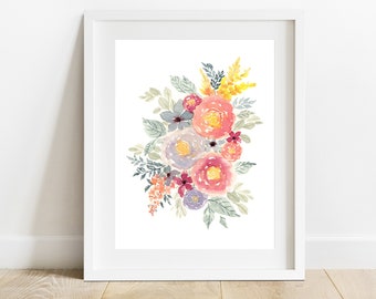 Watercolor Printable, Loose Roses, Colorful Florals, Spring Flower Poster, Wall Art Print, Home Decor, Living Room Decor, Digital Download