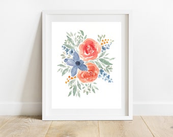 Watercolor Printable, Loose Bouquet, Apricots and Blue, Flower Poster, Floral Art Print, Home Decor, Nursery Art, Digital Download