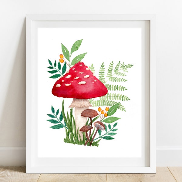 Watercolor Printable, Fairy Toadstool, Woodland Scene, Wall Art Print, Home Decor, Nursery Decor, Digital Download