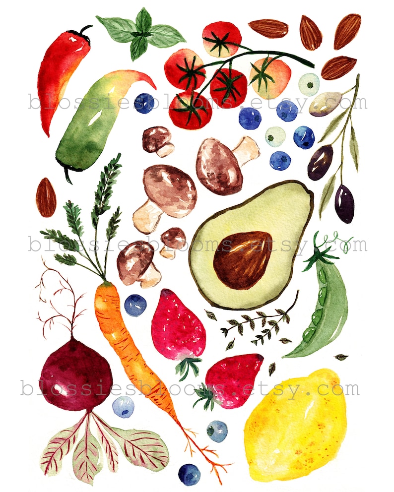 Watercolor Printable, Fruit Vegetable Poster, Bright Rainbow Food Art, Cook Garden, Colorful Home Decor, Kitchen Decor, Digital Download image 5