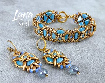 2 beading patterns bracelet and matching earrings with Crescent beads, PieDuo beads, Miyuki seed beads, 3mm bicones and Miniduos