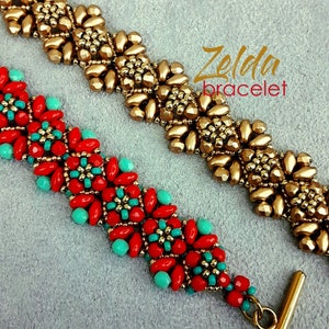 May include: Two beaded bracelets, one red and turquoise, the other gold. The red and turquoise bracelet has a clasp. The gold bracelet has a "Zelda bracelet" text label.