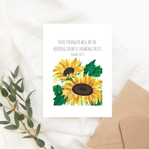 Isaías 30:15 / Versículo bíblico / Girasoles amarillos / Regalo JW / Descarga digital / Impresión 5"x7" / Tarjeta de felicitación 5"x7" / Tarjeta de bautismo JW / Regalo JW