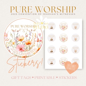 Stickers Convention régionale de culte pur 2025 | Cadeaux JW | Bouton badge | Étiquettes-cadeaux imprimables Témoins de Jéhovah | Fleurs sauvages roses