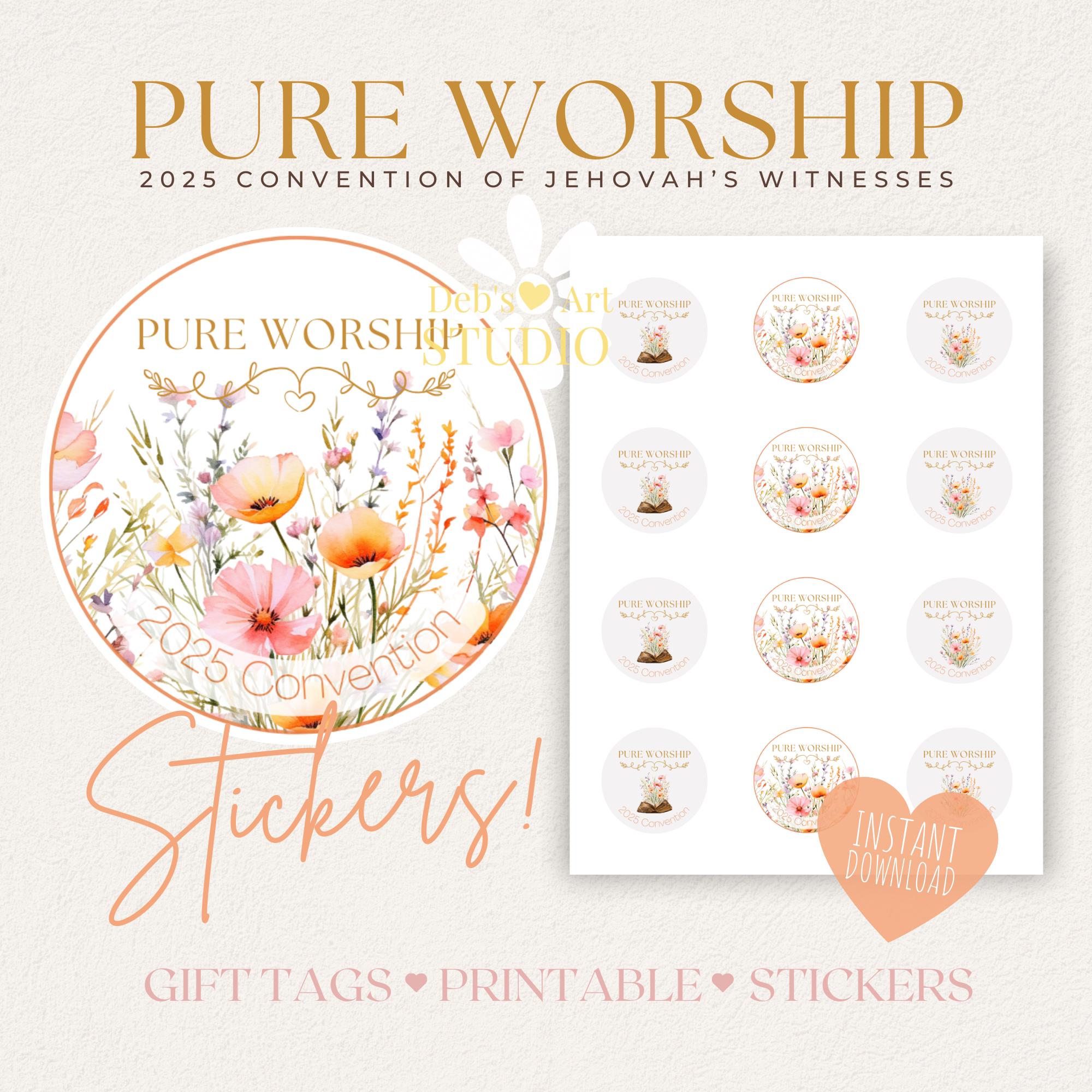 2025 Pure Worship Regional Convention Stickers | JW Gifts | Badge button | Jehovah's Witnesses Printable Gift Tags | Pink Wildflowers