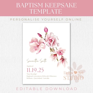 Cadeau de baptême JW | Modèle d'impression de baptême pour les Témoins de Jéhovah | Souvenir de baptême | Magnolias roses | Impression personnalisable | Art mural