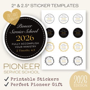 2025 Pioneer School Stickers Printable | Black & Gold JW Gift Tags | 2inch and 2.5inch Round Labels | Pioneer Gift | Instant Download PDF