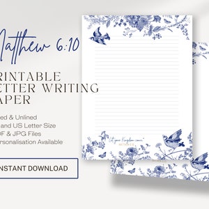Mateo 6:10, Papelería para escribir cartas JW / Membrete imprimible / Escritura de cartas JW / Ideas de regalos JW / Flores azules y blancas