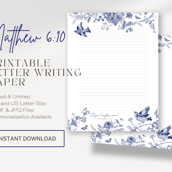 Matthew 6:10, JW Letter writing stationery | Printable Letterhead | JW Letter Writing | JW Gift Ideas | Blue & White  Flowers