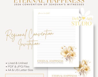 JW Convention 2026 Letter Writing Paper: White & Gold Flowers (Digital Download)